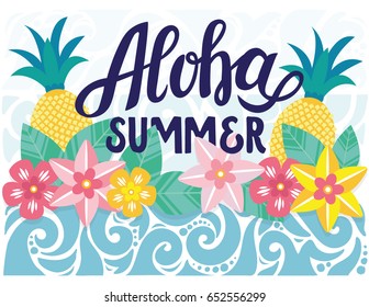 Aloha summer poster with tropic flowers and waves ornament