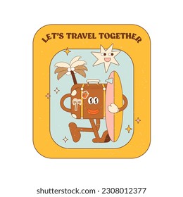 Aloha Summer retro vintage sticker in 70s-90s style. Doodle icons. Outline. Vector groovy character illustration.