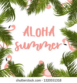 Aloha Summer text with palm leaves, ocean and sun. Poster, postcard, web-template. Vector illustration.