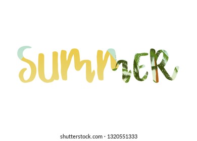 Aloha Summer text with palm leaves, ocean and sun. Poster, postcard, web-template. Vector illustration.