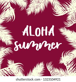 Aloha Summer text with palm leaves, ocean and sun. Poster, postcard, web-template. Vector illustration.