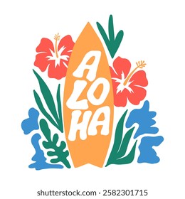 Aloha, surf beach vibes. Tropical logo with surfboard, hibiscus flowers, palms leaves, sea waves. Aloha lettering. Summer fabric textile print. Vector isolated  background.