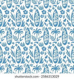 Aloha, surf beach vibes. Tropical seamless pattern with surfboard, hibiscus flowers, palms leaves, sea waves. Aloha lettering. Fabric textile print. Surface cover design. Summer flat background.