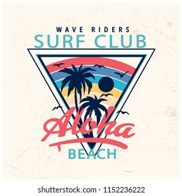 Aloha, surf club retro t-shirt print.Tropical summer vector print. Sunset drawing.