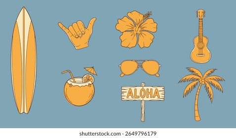 Aloha ícone de surf pack. Longboard, mão shaka, flor de hibisco, bebida de coco, óculos escuros, ukulele e palmeira com sinal de Aloha. Clipart tropical divertido para marca de verão