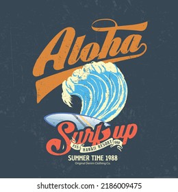 Aloha Surf up summer time, Aloha surf typography for t-shirt print , vector illustration, Aloha Hawaii t-shirt design. Vector illustration.