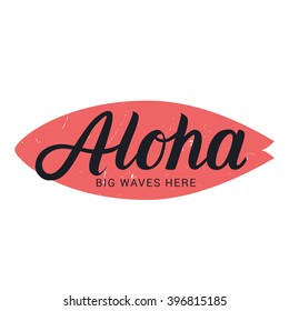 Aloha surfing hand draw lettering. Vector calligraphy illustration. Tee print design. Apparel print design. Surf silhouette with grunge texture for print, card, shirt, poster.