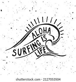 Aloha surfing lettering. Vector calligraphy illustration. Hawaiian handmade tropical exotic t-shirt graphics. Summer apparel print design. Retro drawn sea wave, sun, spray, vintage texture