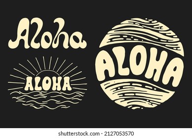 Aloha surfing lettering. Vector calligraphy illustration. Hawaiian handmade tropical exotic t-shirt graphics. Summer apparel print design. Retro drawn sea wave, sun, spray, vintage texture