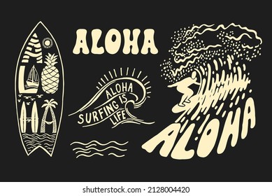 Aloha surfing lettering. Vector calligraphy illustration. Hawaiian handmade tropical exotic t-shirt graphics. Summer apparel print design. Retro drawn sea wave, sun, spray, vintage texture