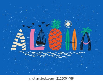 Aloha surfing lettering. Vector calligraphy illustration. Hawaiian handmade tropical exotic t-shirt graphics. Summer apparel print design. Retro drawn sea wave, sun, spray, vintage texture