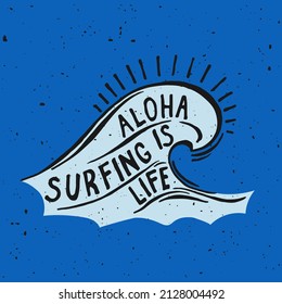 Aloha surfing lettering. Vector calligraphy illustration. Hawaiian handmade tropical exotic t-shirt graphics. Summer apparel print design. Retro drawn sea wave, sun, spray, vintage texture