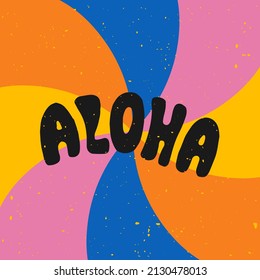 Aloha surfing lettering. Vector calligraphy illustration. Hawaiian handmade tropical exotic t-shirt graphics. Summer apparel print design. Retro drawn sea wave, sun, spray, vintage texture