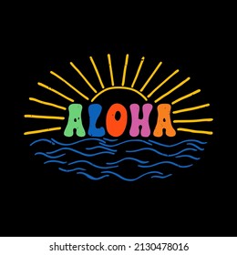 Aloha surfing lettering. Vector calligraphy illustration. Hawaiian handmade tropical exotic t-shirt graphics. Summer apparel print design. Retro drawn sea wave, sun, spray, vintage texture