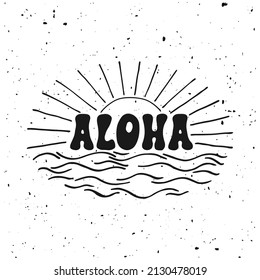 Aloha surfing lettering. Vector calligraphy illustration. Hawaiian handmade tropical exotic t-shirt graphics. Summer apparel print design. Retro drawn sea wave, sun, spray, vintage texture