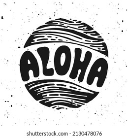 Aloha Surfbretter. Vektorkalligrafik-Illustration. Hawaiianische handgefertigte tropische exotische T-Shirt-Grafik. Sommerkleidung Design. Retro-gezeichnet, Vintage-Struktur