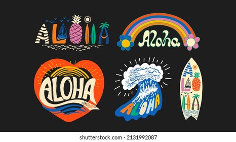 Aloha surfing lettering. Vector calligraphy illustration. Hawaiian handmade tropical exotic t-shirt graphics. Summer apparel print design. Retro drawn sea wave, sun, spray, vintage texture