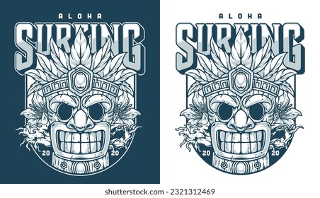 Aloha surfing mask monochrome sticker with Tiki totem to invite sportsmen and tourists surfers to beach vector illustration