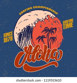 Aloha. Surfing time. Poster template with lettering and palms. Vector image