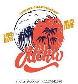 Aloha. Surfing time. Poster template with lettering and palms. Vector image