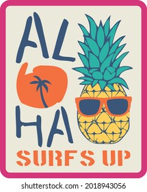 Aloha surfs up themed t-shirt for kids and teens, or a fun print or label design that can be used anywhere.