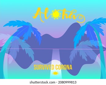 Aloha Survived Corona Banner. Sunset Or Sunrise On Tropical Island. Tourism Vintage Banner. Aloha Covid Souvenir. Open Borders After NCov Design. Cool Palm Trees, Sea Travel After Covid Background.