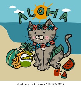 Aloha tabby cat  wear Hawaii dress cartoon vector illustration
