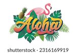 Aloha text, emblem and logo isolated on white. Hand drawn Aloha Hawaiian word for hawaii shirt print or sign. Lettering for tropical or summer party invitation, flyer and poster design.