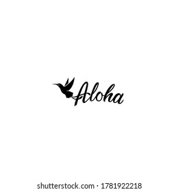 Aloha text, emblem and logo isolated on white. Silhouette Flying hummingbirds. Aloha Hawaiian word for hawaii shirt print or summer party invitation, flyer and poster, travel agency.