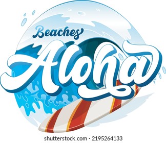 Aloha text, emblem and logo isolated on white. Hand drawn Aloha word and surfer for shirt print or sign. Lettering or summer party invitation, flyer and poster design.