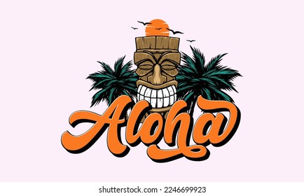 Aloha text, emblem and logo isolated. Hand drawn Aloha Hawaiian word for hawaii shirt print or sign. Lettering or summer party invitation, flyer and poster design.
