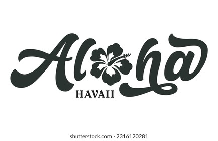 Aloha text, emblem and logo isolated on white. Hand drawn Aloha Hawaiian word for hawaii shirt print or sign. Lettering or summer party invitation, flyer and poster design.