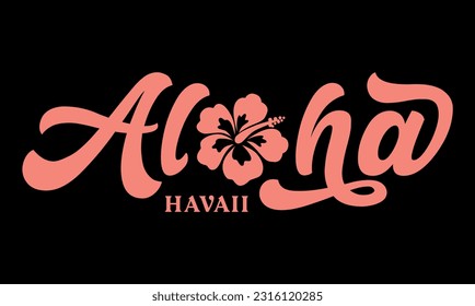 Aloha text, emblem and logo isolated on white. Hand drawn Aloha Hawaiian word for hawaii shirt print or sign. Lettering or summer party invitation, flyer and poster design.