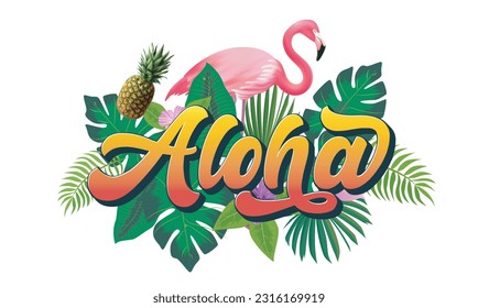 Aloha text, emblem and logo isolated on white. Hand drawn Aloha Hawaiian word for hawaii shirt print or sign. Lettering for tropical or summer party invitation, flyer and poster design.