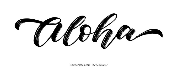 ALOHA text. Summer word Aloha Hawaii quote. Brush Calligraphy text aloha. Hand Lettering Design. Summer print for girls t shirt, tee, poster. Tropical Vector illustration phrase on white background.