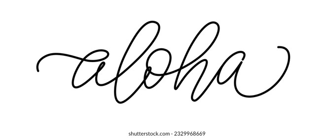 ALOHA text. Summer word Aloha Hawaii quote. Line art Calligraphy text aloha. Hand Lettering Design. Summer print for girls t shirt, tee, poster. Tropical Vector illustration phrase. Continuous line