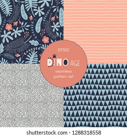 Aloha themed vector seamless background set includes cute exotic leaves and flowers, geometric stripes dots triangle patterns, vector graphics, kids and baby summer textile tee shirt apparel print