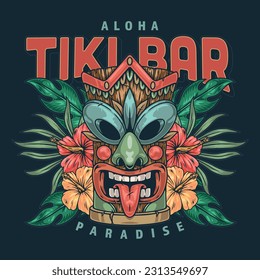 Aloha Tiki bar poster colorful with traditional wooden mask and beach plants for restaurant interior decoration vector illustration