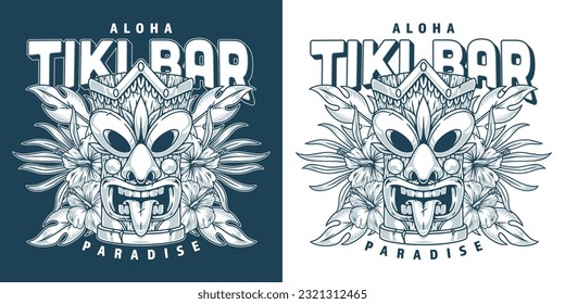 Aloha Tiki bar poster monochrome mask making funny face and exotic plants to decorate menu of island restaurant vector illustration