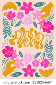 Aloha - trendy liquid hand written lettering quote. Floral leaves decorative elements, flowers, buds. Textured linocut stylehand drawn ornament.