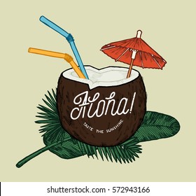 aloha tropical coconut cocktail with colorful straws and umbrella on jungle leaves.