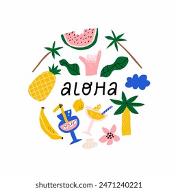 Conjunto de Elementos tropicales Aloha. Afiche de fiesta hawaiana o de verano en la playa. Ilustración vectorial