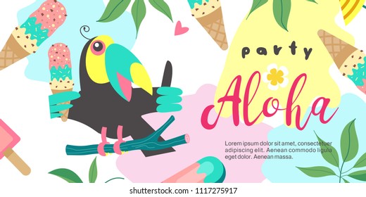 Aloha. Tropical party. The invitation to the party. Cheerful Toucan sits on a tree branch and holds ice cream.