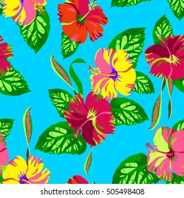 Tropisches Aloha-Muster für Druckdesign. Vektorblumen schöner Stil für Mode. Künstlerische Blumenmuster nahtlos. Vektorgrafik handgezeichneter Blütenhibiskus und Blätter.