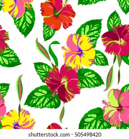 Aloha tropical pattern for print design. Vector flowers beautiful style for fashion. Artistic floral pattern seamless. Vector hand drawn blossom hibiscus and leaves.