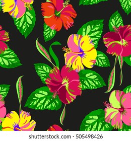 Aloha tropical pattern for print design. Vector flowers beautiful style for fashion. Artistic floral pattern seamless. Vector hand drawn blossom hibiscus and leaves.