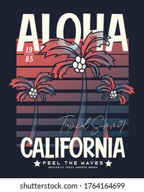 Aloha tropical summer trip with palm trees, black and red background and included with a slogan called "Feel the waves". vector illustrations for t-shirt and other uses. 
