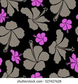 Aloha T-Shirt design. Best creative design for poster, flyer, presentation. Aloha Hawaii, Luau Party invitation on black background with hibiscus flowers in violet and gray colors. Vector.