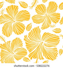 Aloha T-Shirt design. Best creative design for poster, flyer, presentation. Aloha Hawaii, Luau Party invitation on white background with hibiscus flowers in yellow colors. Vector.