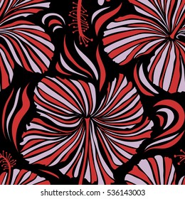 Aloha T-Shirt design. Aloha Hawaii, Luau Party invitation on black background with hibiscus flowers in violet and orange colors. Vector seamless pattern. Best creative design for fabric, poster, flyer